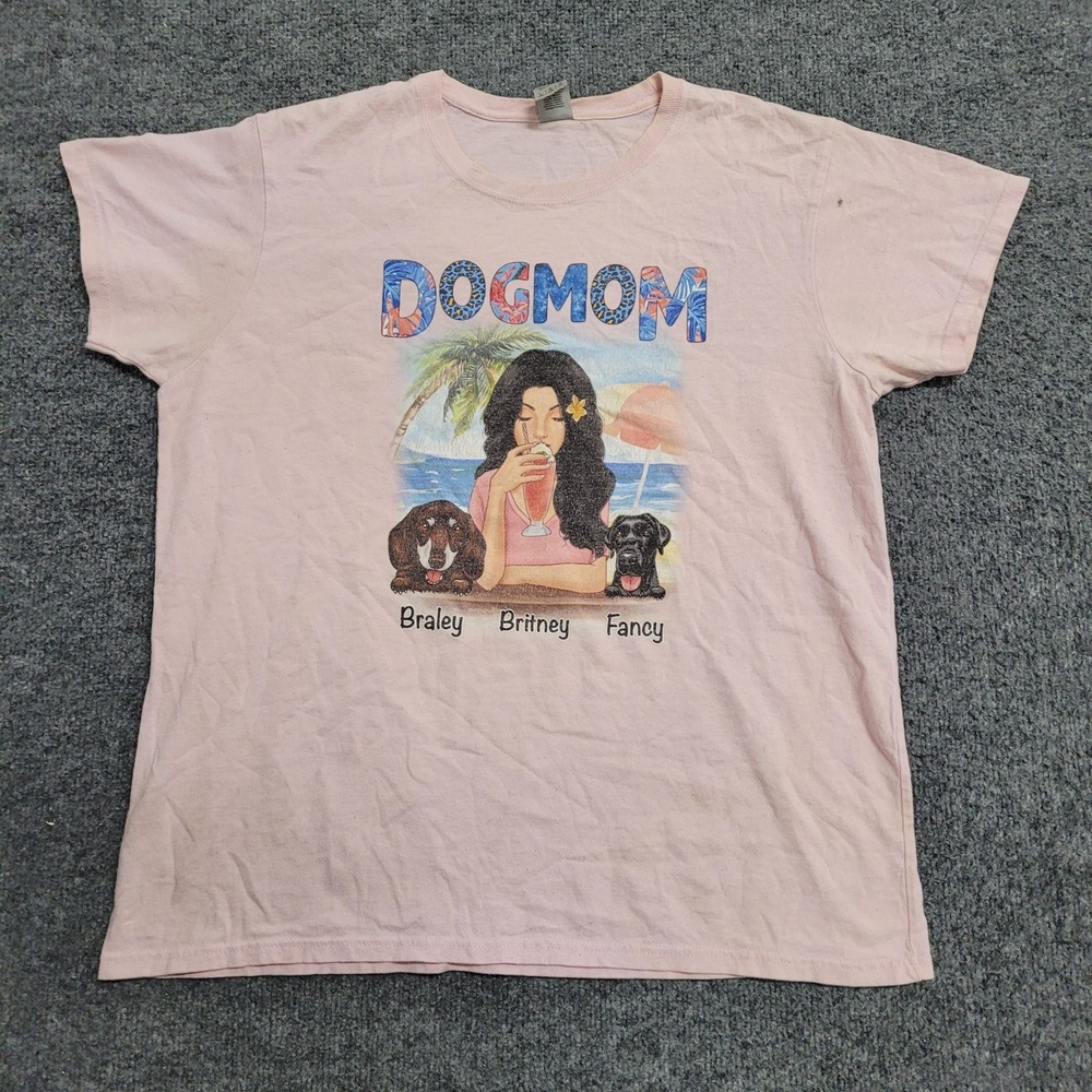 Gildan T-Shirt Womens Size L Pink Dog Mom Tropical Graphic Cotton Short Sleeve